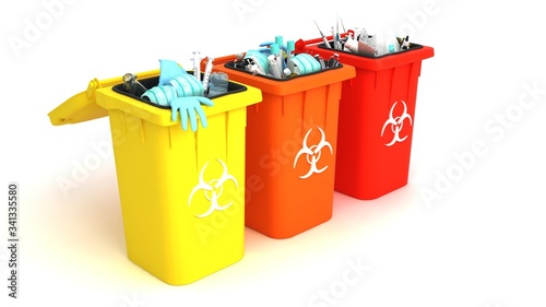 Medical trash 3d illustration. Coronavirus protection equipment in medical waste bin. Used face masks and sterile gloves.