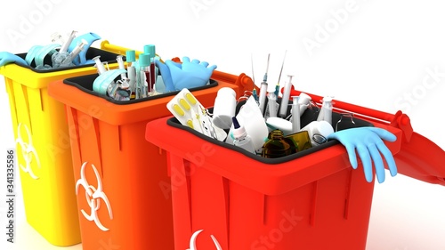 Medical trash 3d illustration. Coronavirus protection equipment in medical waste bin. Used face masks and sterile gloves.