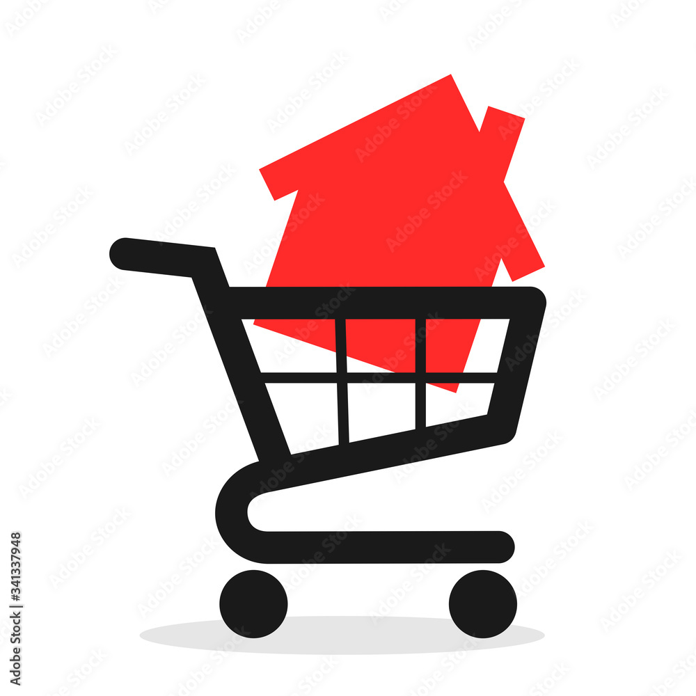 Buy family house and real estate - shopping cart with residential building. Vector illustration isolated on white.