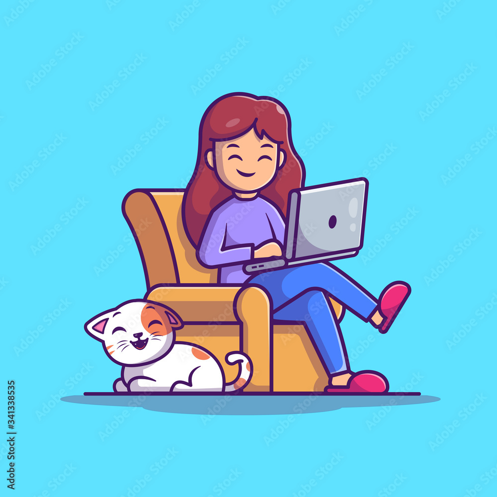 Girl Working On Laptop Vector Icon Illustration. Work From Home Mascot  Cartoon Character. People Icon Concept Isolated. Flat Cartoon Style  Suitable for Web Landing Page, Banner, Flyer, Sticker, Card Stock Vector |