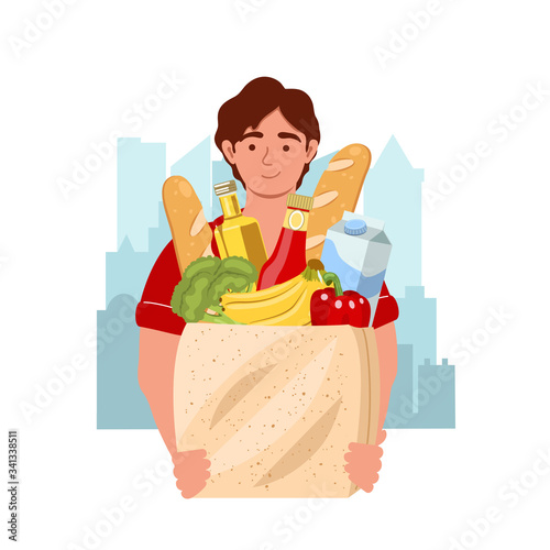 Courier with the product package on the city background. Male courier character with food during the prevention of virus. Vector illustration in flat style. Delivery and service concept.