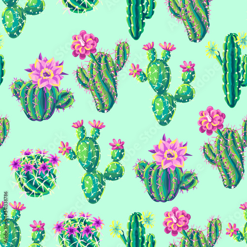 Seamless pattern with cacti and flowers.