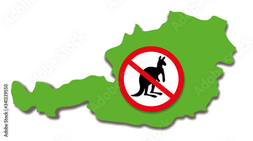 Austria map with no kangaroo sign. There are no kangaroos in Austria, but in Australia. Vector illustration on white background.
