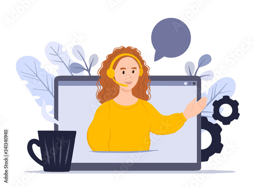 Concept customer and operator, online technical support 24-7 for web page. Vector illustration ginger hair female hotline operator advises client. Online assistant, virtual help service.