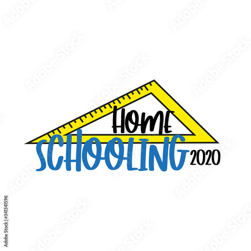 Homeschooling 2020- text with ruler. Home Quarantine illustration. Vector.