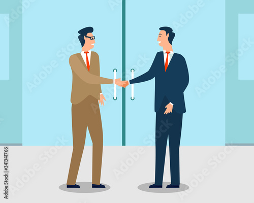 Two business man shaking hands. Businessmen first meeting greeting with firm handshake cartoon design. Character standing negotiating flat style vector illustration.