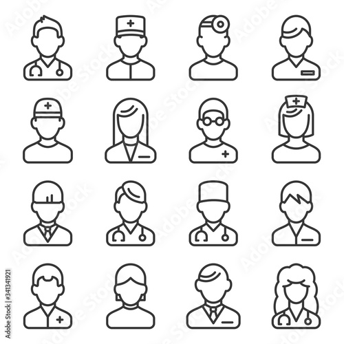 Doctor Icons Set on White Background. Line Style Vector