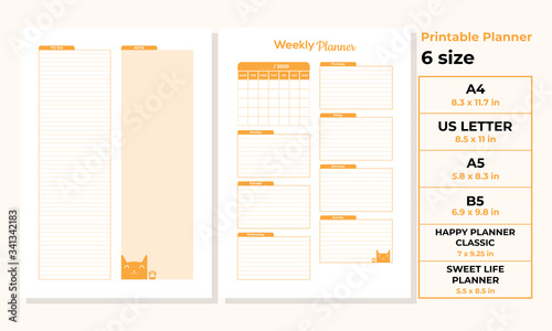 Minimalist Weekly planner pages templates vector paper A4, US Letter, A5, B5, Happy Planner Classic, Sweet Life Planner Ai, EPS 10 and PDF File