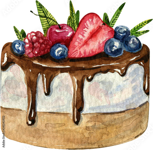 Watercolor hand drawn cake illustration. Cream, chocolate and berries. Sweet dessert. Best for menu, posters, prints, greeting cards, kitchen decorations