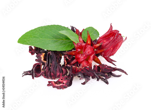 Fresh and dried roselle hibiscus on white background
