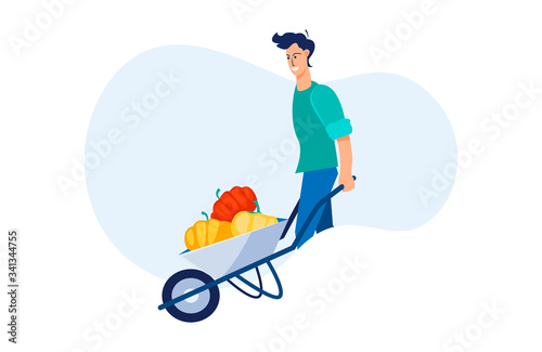Male farmer gathering harvest. Young man wheeling barrow with vegetables flat vector illustration. Farming, gardening, autumn concept for banner, website design or landing web page