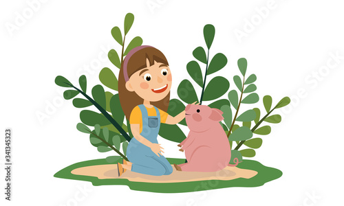 A girl smiles and plays with a cute pink pig sitting in tall green grass. Pets. Children cartoon vector illustration.