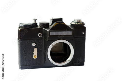 An old camera isolated on a white background without a lens