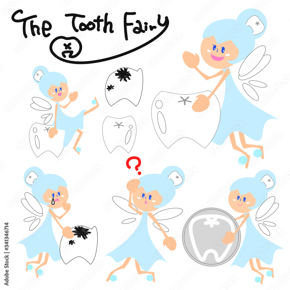 A set of happy and cute Tooth fairy . Emotions and movements. Looking for a baby teeth to build her castle A set of happy and cute Tooth fairy . Emotions and movements. Looking for a baby teeth to build her castle