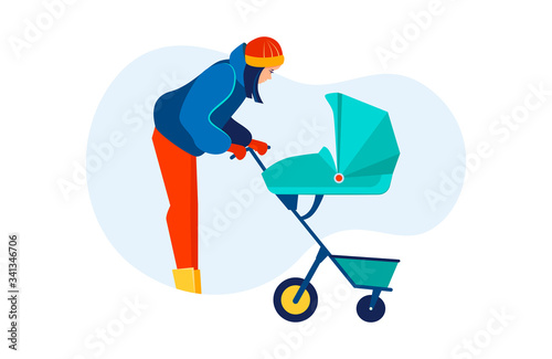 New mom walking with baby outdoors. Young woman in winter outfit wheeling stroller flat vector illustration. Child care, outdoor activity concept for banner, website design or landing web page