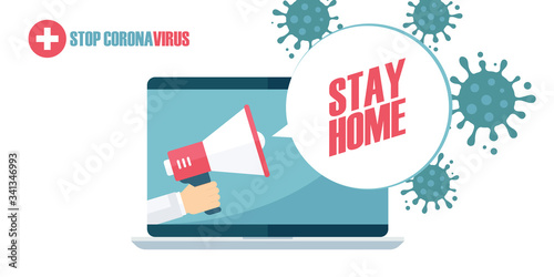 Stay Home speech bubble with hand holding megaphone coming out from laptop. Stop coronavirus COVID 19 pandemic banner. Flat design vector illustration.