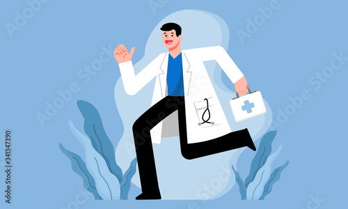 Medical, healthcare services concept, Doctor running with first aid box, vector illustration character design.