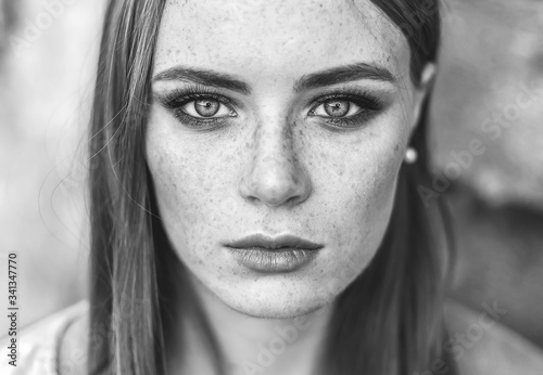 Beautiful woman natural face freckles casual female monochrome portrait lifestyle beauty girl