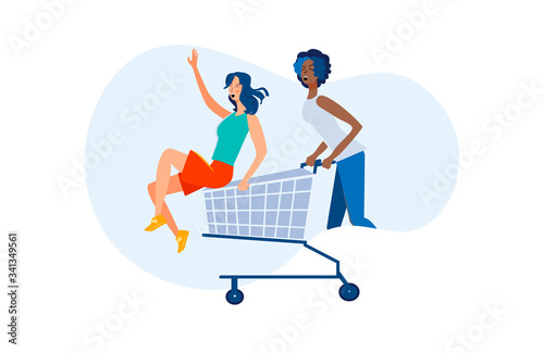 Joyful female friends shopping and having fun. Multiracial women riding shopping cart flat vector illustration. Communication, friendship concept for banner, website design or landing web page