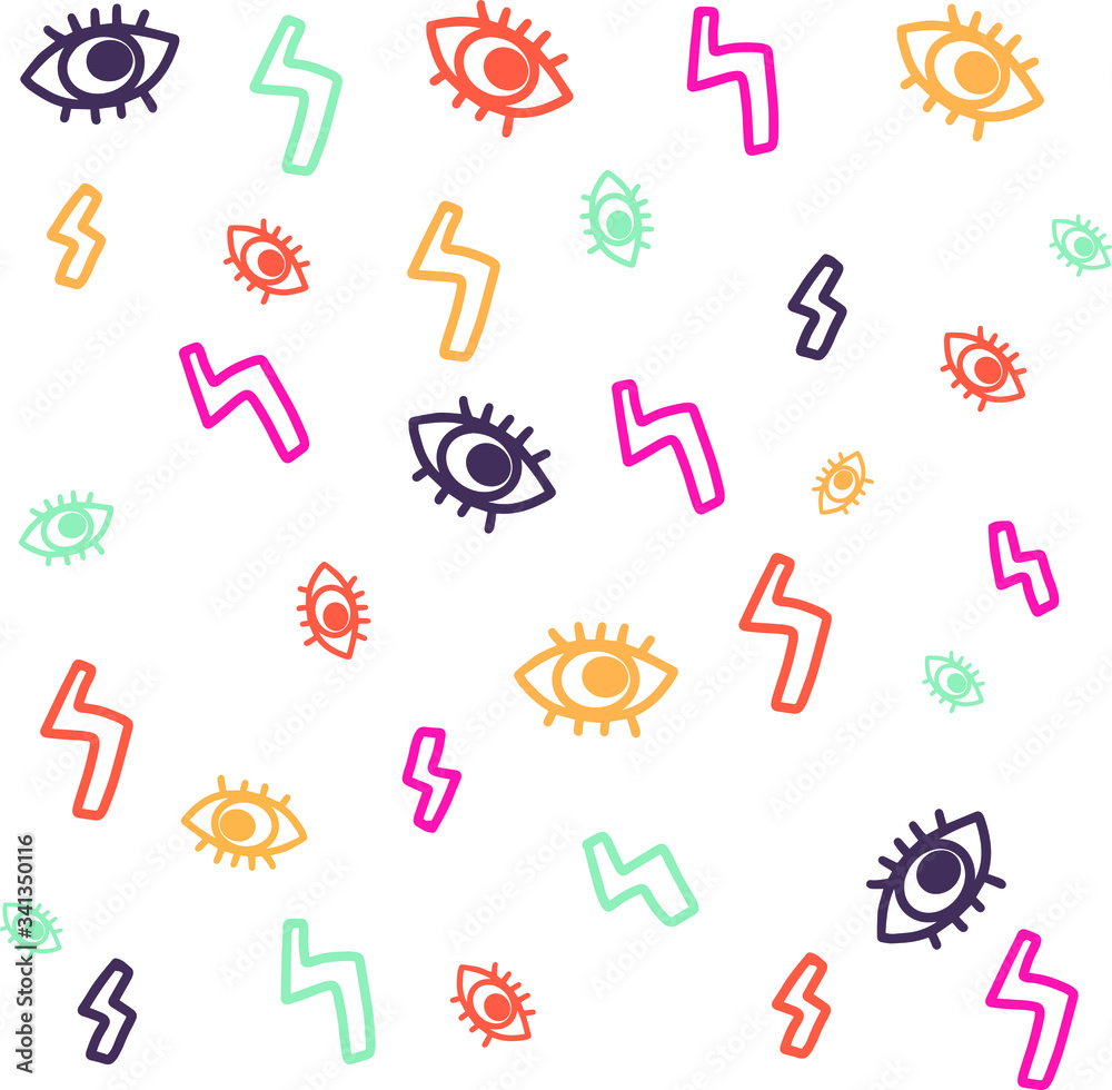 Eyes and thunder hand drawn seamless vector pattern. White color background, backdrop. Cartoon illustrations. Multicolor thunders and eyes. Anatomical wrapping paper, textile design Eyes and thunder hand drawn seamless vector pattern. White color background, backdrop. Cartoon illustrations. Multicolor thunders and eyes. Anatomical wrapping paper, textile design