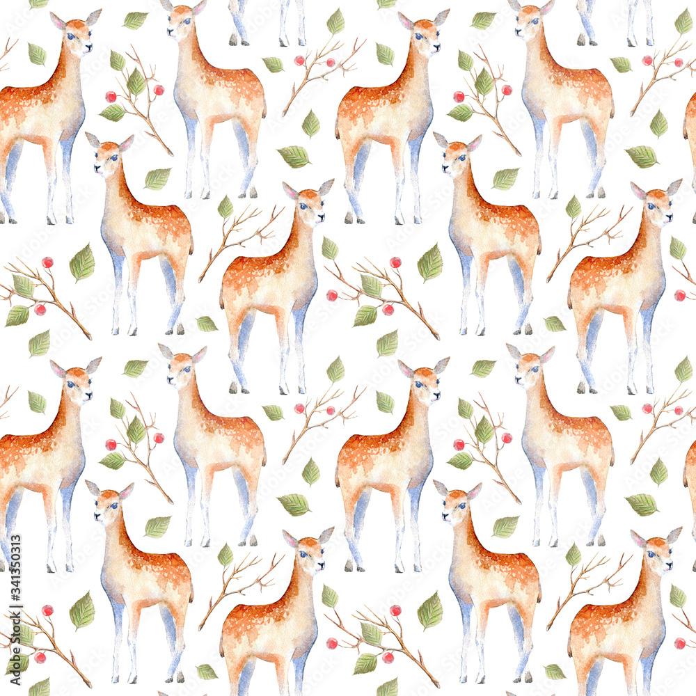 Obraz Jednolity wzór jelenia i kwiatowy. Zwierzęta leśne, gałąź i jagody. Ilustracja kolor akwarela i ołówek. Białe tło.