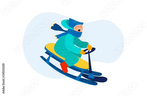 Excited kid riding on sleigh downhill. Boy sledging and having fun flat vector illustration. Holiday, outdoor activity, winter vacation concept for banner, website design or landing web page