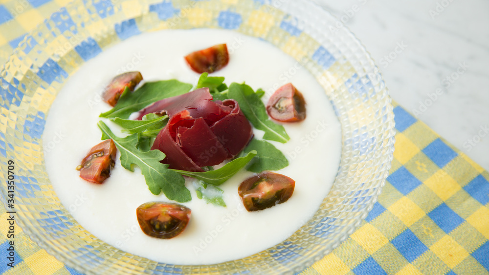 Mozzarella soup with iberico ham and cherry tomatoes Mozzarella soup with iberico ham and cherry tomatoes