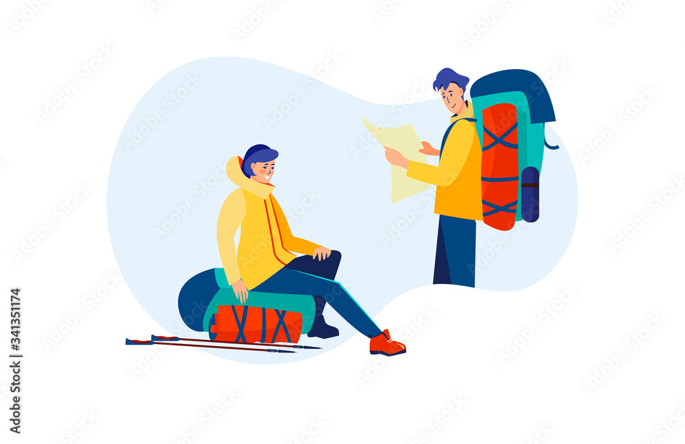 Outdoor tourists studying map. Man and woman with backpacks, trekking, camping flat vector illustration. Adventure travel, activity, lifestyle concept for banner, website design or landing web page