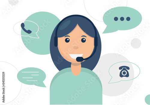 Girl operator sitting in headphones, flat graphics with shadows, support service on the phone