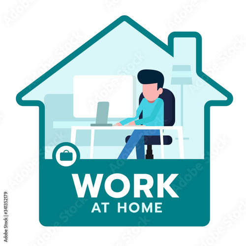 safe, employee, trendy, cartoon, outsourcing, social distancing, company, business concept, laptop, young people, life, room, marketing, fever, virus, work at home, protect, corona, work from home, he