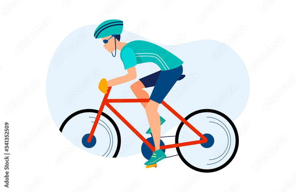 Fototapeta premium Athletic man cycling outdoors. Athlete riding bike, hardhat, race flat vector illustration. Sport, activity, lifestyle concept for banner, website design or landing web page