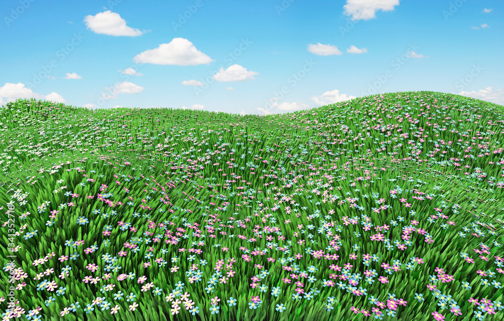 Beautiful summer landscape with a cloudy sky and a wide green grassy field with a lot of flowers. 3D illustration