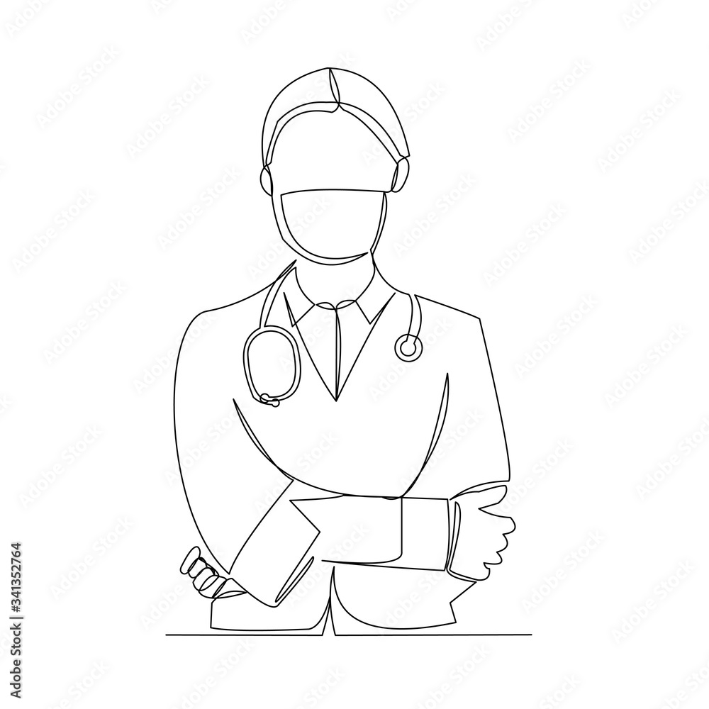 Continuous line drawing of woman doctor wearing surgical mask to protect disease, flu, air pollution, pandemic, virus. Vector illustration.