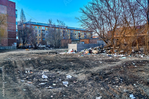 UST-KAMENOGORSK, KAZAKHSTAN - APRIL 04, 2020: Strange, amazing, unusual view of the empty streets of spring Ust-Kamenogorsk due to a pandemic - all people are sitting at home because of quarantine, KZ