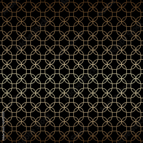 Linear black and gold geometric seamless pattern with stylized flowers, art deco style