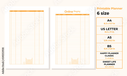 Minimalist Online Shopping planner pages templates vector paper A4, US Letter, A5, B5, Happy Planner Classic, Sweet Life Planner Ai, EPS 10 and PDF File
