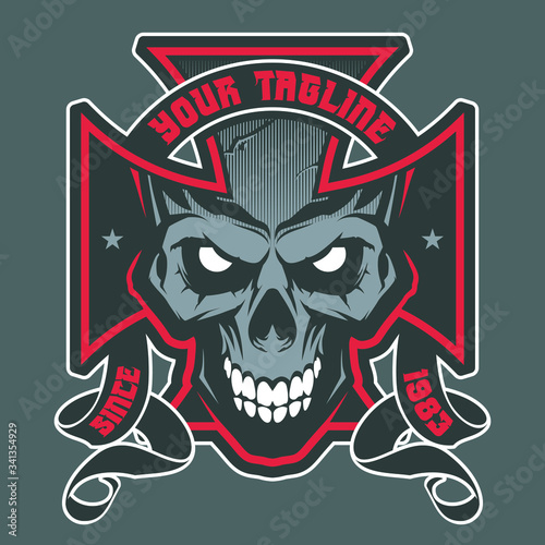 Vector illustration with Maltese cross with a skull. Biker symbol. Motorcycle club T shirt graphics concept. 
