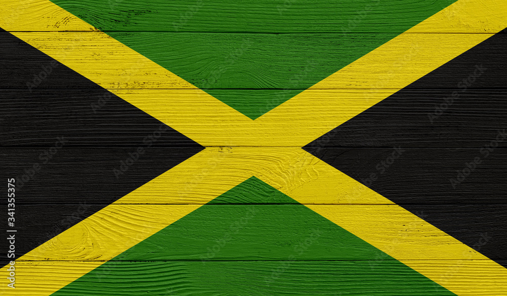 Jamaica flag on a wooden texture. Wood texture, planks Wooden texture background flag. Flag painted with paints on wood