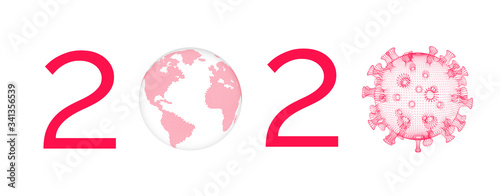 2020 numbers, planet earth and the coronavirus model instead of zeros, in red as symbol of the global pandem photo