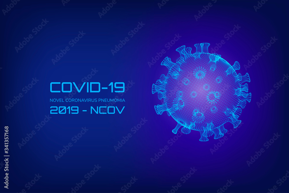 Hologram of coronavirus COVID-2019 on dark blue background. Deadly type of virus 2019-nCoV. 3D model of coronavirus bacteria.