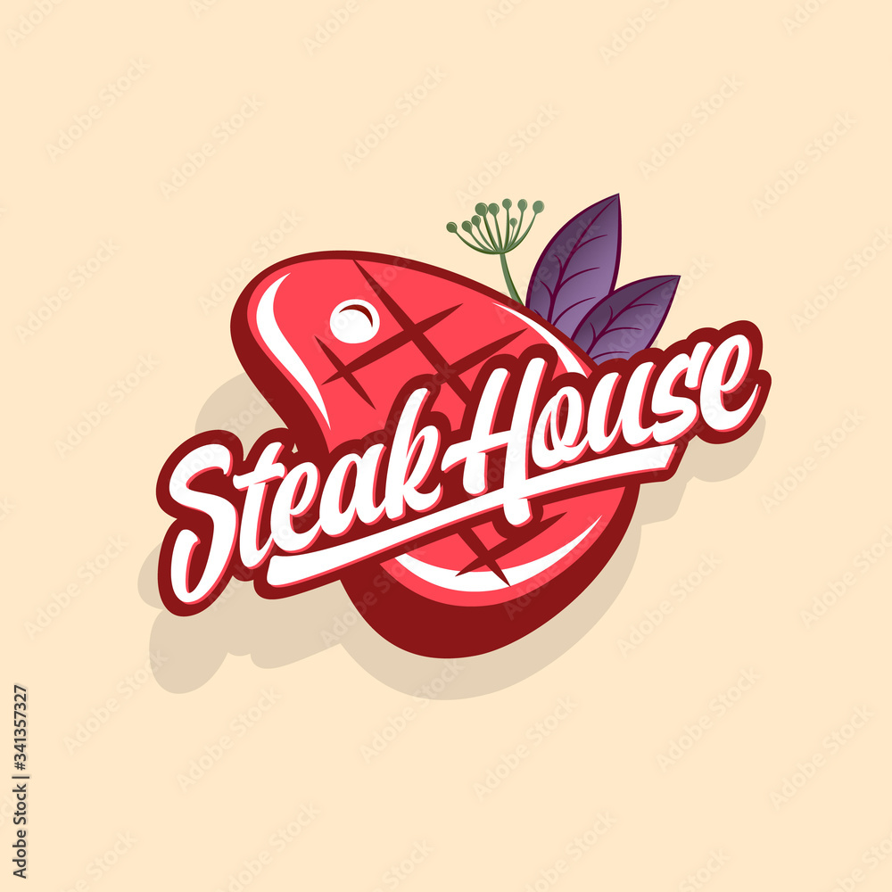 Fototapeta premium Steak house logo. Logo of butchery shop or restaurant. Calligraphic composition with steak and spicy plants.