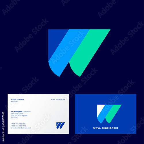 W letter. W monogram consist of different color wide elements. Web, UI icon. Identity. Business card.