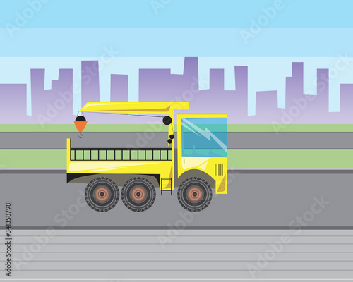 Manipulator with a crane or truck driving along the road to the city, flat vector stock illustration with a heavy machine as a loading concept