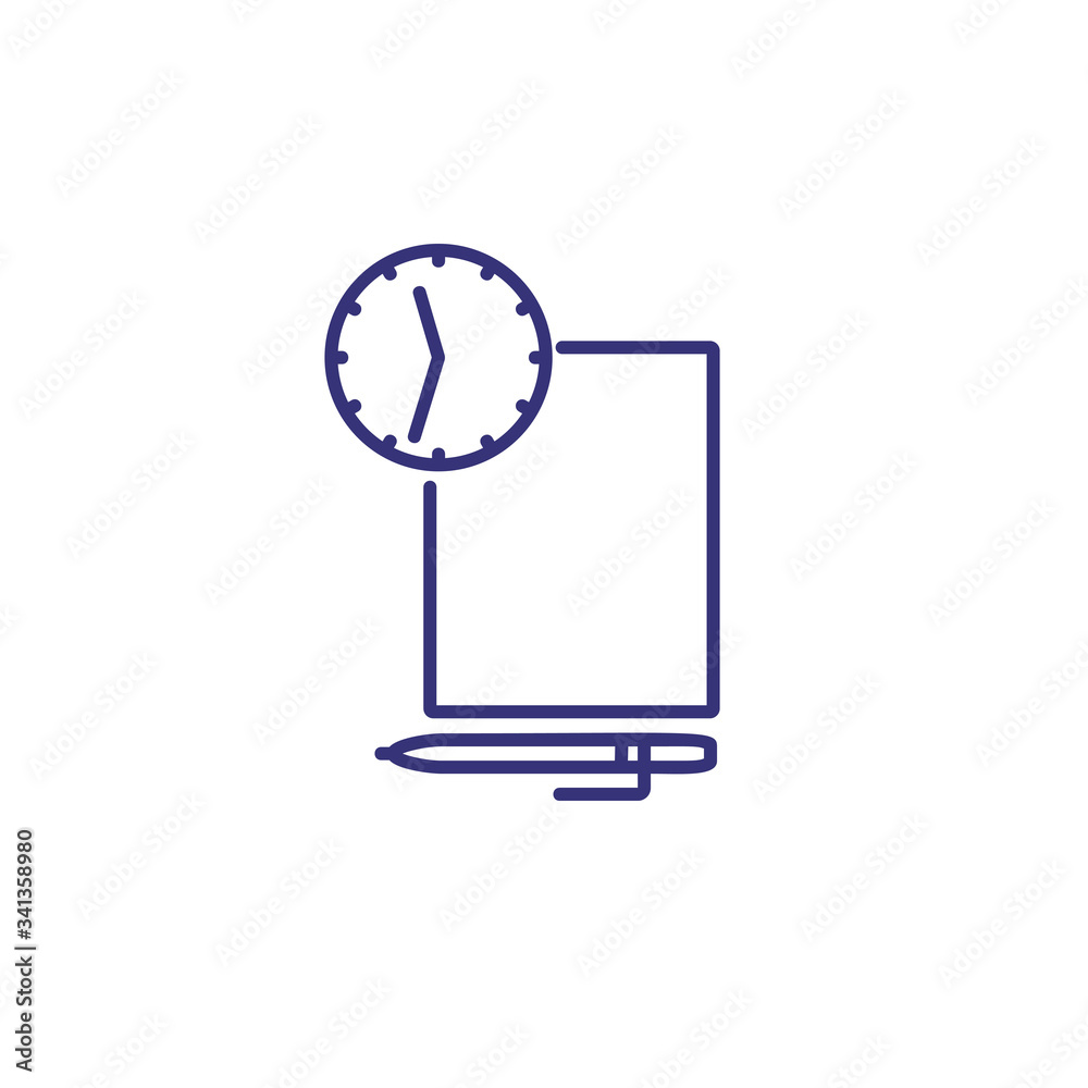 Time limit line icon. Clock, blank paper, pen. Time management concept. Can be used for topics like test, schedule, deadline Time limit line icon. Clock, blank paper, pen. Time management concept. Can be used for topics like test, schedule, deadline