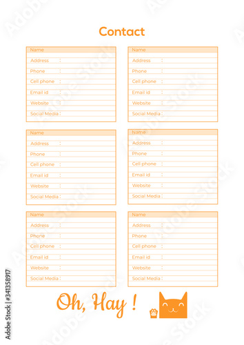 Minimalist Contact planner pages templates vector paper A4, US Letter, A5, B5, Happy Planner Classic, Sweet Life Planner Ai, EPS 10 and PDF File
