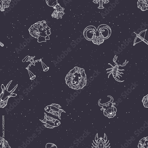 Seamless pattern with zodiac signs. Vector illustration. Starry sky.