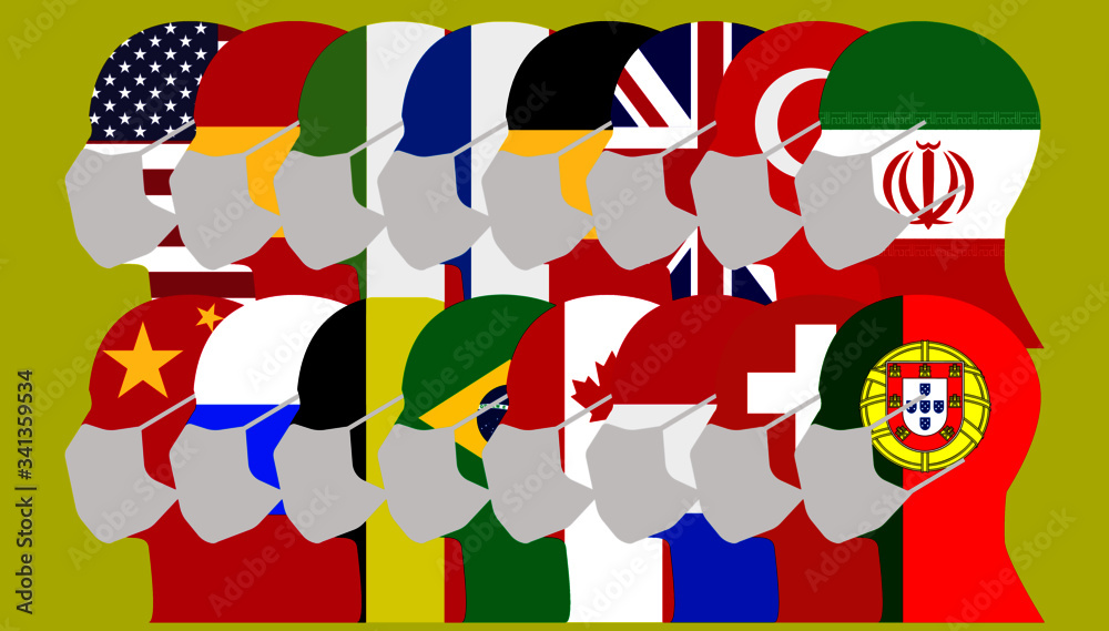 Human head silhouettes using a mouth face masks or mouth cover with diferents countries flag Human head silhouettes using a mouth face masks or mouth cover with diferents countries flag