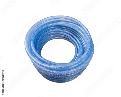 Close-up transparent water hose isolated on white background without shadow. Top view of a rolled blue hose