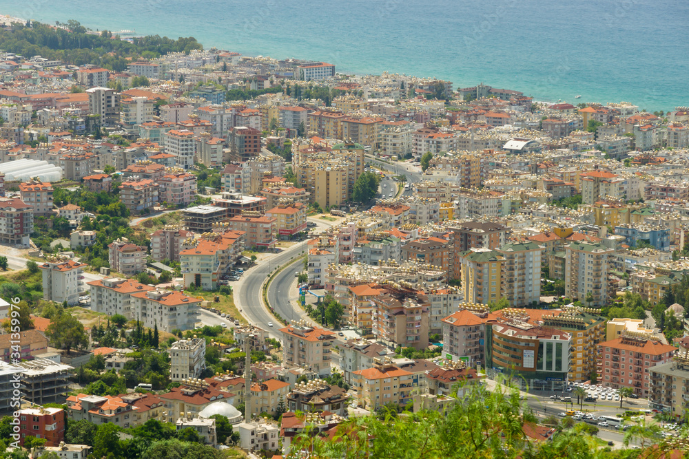 Alanya city and the Mediterranean Sea from the bird's-eye view. Alanya is a popular Mediterranean resort.