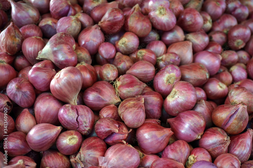 A view of several shallots on display at a local farmers market. A view of several shallots on display at a local farmers market.